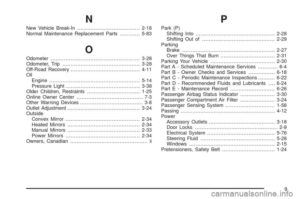 CHEVROLET OPTRA 5 2005 1.G Manual PDF N
New Vehicle Break-In......................................2-18
Normal Maintenance Replacement Parts............5-83
O
Odometer......................................................3-28
Odometer, Tri