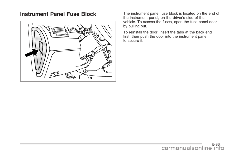 CHEVROLET OPTRA 5 2006 1.G User Guide Instrument Panel Fuse BlockThe instrument panel fuse block is located on the end of
the instrument panel, on the driver’s side of the
vehicle. To access the fuses, open the fuse panel door
by pullin