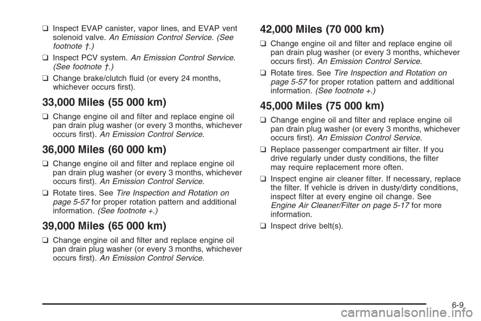 CHEVROLET OPTRA 5 2006 1.G Owners Manual ❑Inspect EVAP canister, vapor lines, and EVAP vent
solenoid valve.An Emission Control Service. (See
footnote †.)
❑Inspect PCV system.An Emission Control Service.
(See footnote †.)
❑Change br CHEVROLET OPTRA 5 2006 1.G Owners Manual ❑Inspect EVAP canister, vapor lines, and EVAP vent
solenoid valve.An Emission Control Service. (See
footnote †.)
❑Inspect PCV system.An Emission Control Service.
(See footnote †.)
❑Change br