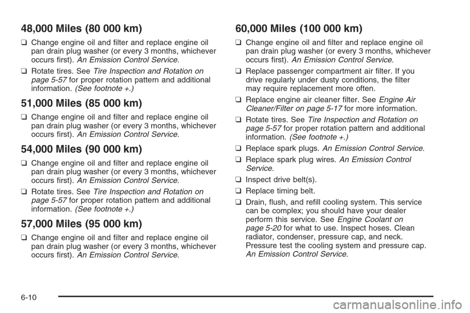 CHEVROLET OPTRA 5 2006 1.G Owners Manual 48,000 Miles (80 000 km)
❑Change engine oil and ﬁlter and replace engine oil
pan drain plug washer (or every 3 months, whichever
occurs ﬁrst).An Emission Control Service.
❑Rotate tires. SeeTir