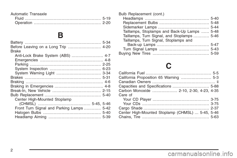 CHEVROLET OPTRA 5 2006 1.G Owners Guide Automatic Transaxle
Fluid..........................................................5-19
Operation...................................................2-20
B
Battery......................................