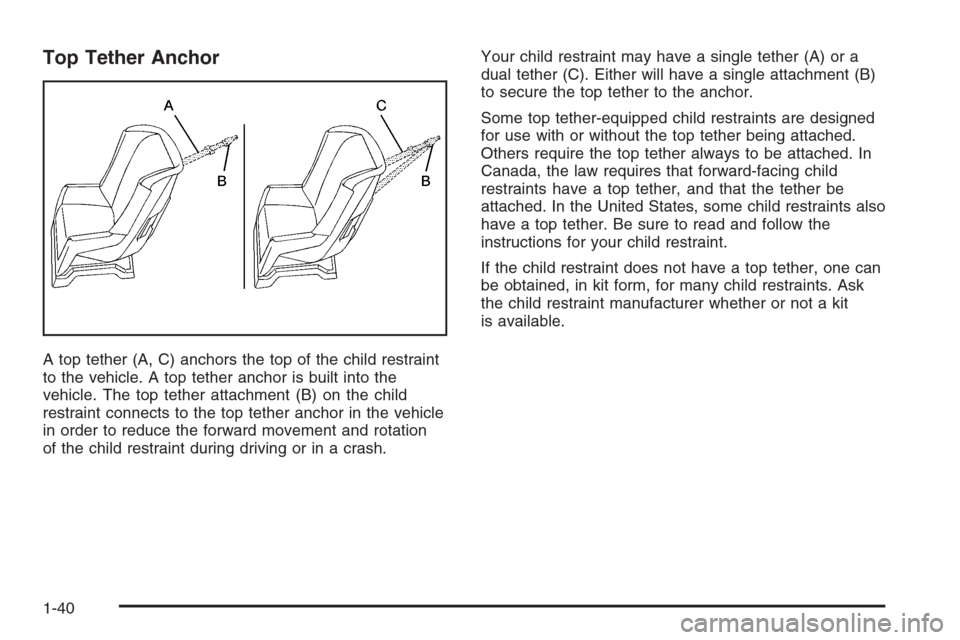 CHEVROLET OPTRA 5 2006 1.G Service Manual Top Tether Anchor
A top tether (A, C) anchors the top of the child restraint
to the vehicle. A top tether anchor is built into the
vehicle. The top tether attachment (B) on the child
restraint connect