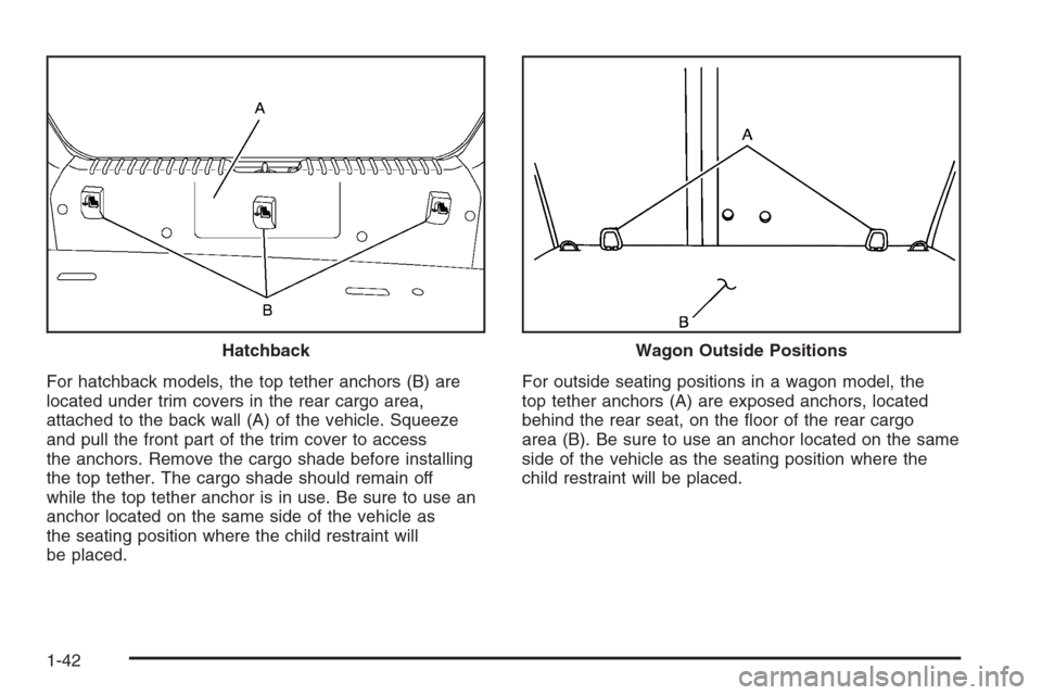 CHEVROLET OPTRA 5 2006 1.G Service Manual For hatchback models, the top tether anchors (B) are
located under trim covers in the rear cargo area,
attached to the back wall (A) of the vehicle. Squeeze
and pull the front part of the trim cover t