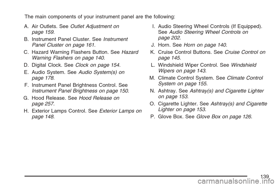 CHEVROLET OPTRA 5 2007 1.G Owners Manual The main components of your instrument panel are the following:
A. Air Outlets. SeeOutlet Adjustment on
page 159.
B. Instrument Panel Cluster. SeeInstrument
Panel Cluster on page 161.
C. Hazard Warnin