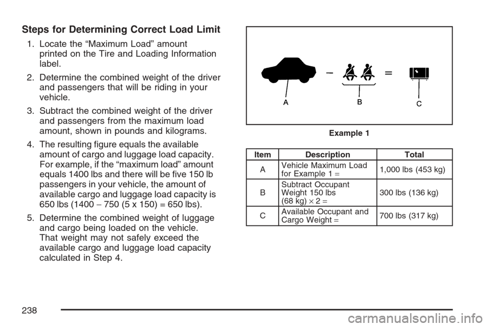CHEVROLET OPTRA 5 2007 1.G Owners Manual Steps for Determining Correct Load Limit
1. Locate the “Maximum Load” amount
printed on the Tire and Loading Information
label.
2. Determine the combined weight of the driver
and passengers that w CHEVROLET OPTRA 5 2007 1.G Owners Manual Steps for Determining Correct Load Limit
1. Locate the “Maximum Load” amount
printed on the Tire and Loading Information
label.
2. Determine the combined weight of the driver
and passengers that w