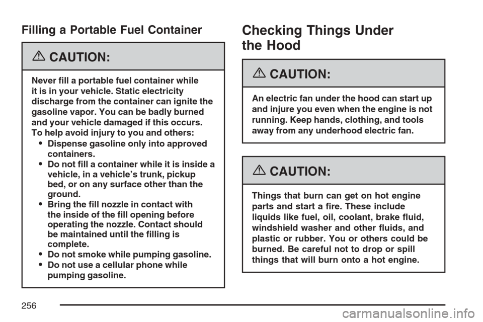 CHEVROLET OPTRA 5 2007 1.G Owners Manual Filling a Portable Fuel Container
{CAUTION:
Never �ll a portable fuel container while
it is in your vehicle. Static electricity
discharge from the container can ignite the
gasoline vapor. You can be b