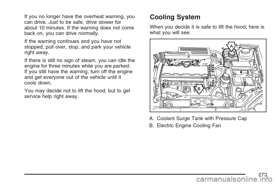 CHEVROLET OPTRA 5 2007 1.G Owners Manual If you no longer have the overheat warning, you
can drive. Just to be safe, drive slower for
about 10 minutes. If the warning does not come
back on, you can drive normally.
If the warning continues an