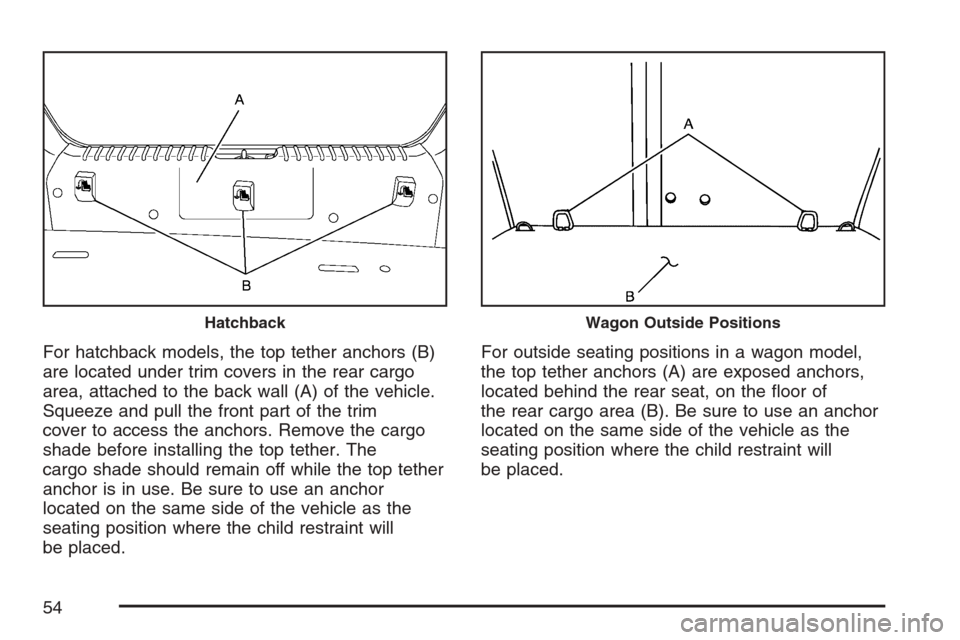 CHEVROLET OPTRA 5 2007 1.G Workshop Manual For hatchback models, the top tether anchors (B)
are located under trim covers in the rear cargo
area, attached to the back wall (A) of the vehicle.
Squeeze and pull the front part of the trim
cover t