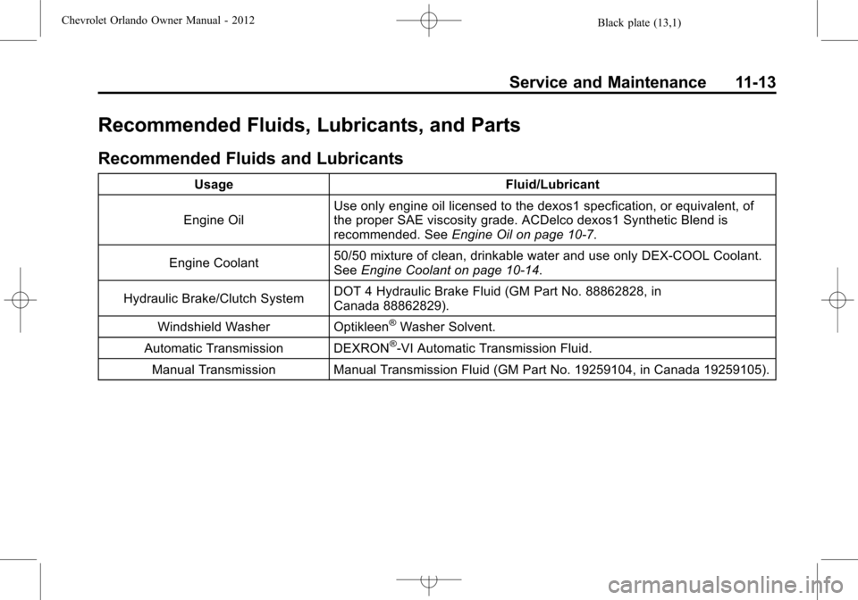 CHEVROLET ORLANDO 2012 1.G Repair Manual Black plate (13,1)Chevrolet Orlando Owner Manual - 2012
Service and Maintenance 11-13
Recommended Fluids, Lubricants, and Parts
Recommended Fluids and Lubricants
UsageFluid/Lubricant
Engine Oil Use on