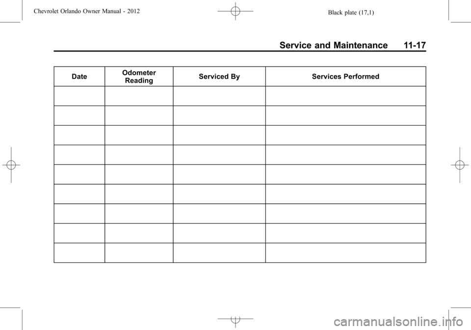 CHEVROLET ORLANDO 2012 1.G Service Manual Black plate (17,1)Chevrolet Orlando Owner Manual - 2012
Service and Maintenance 11-17
DateOdometer
Reading Serviced By Services Performed 