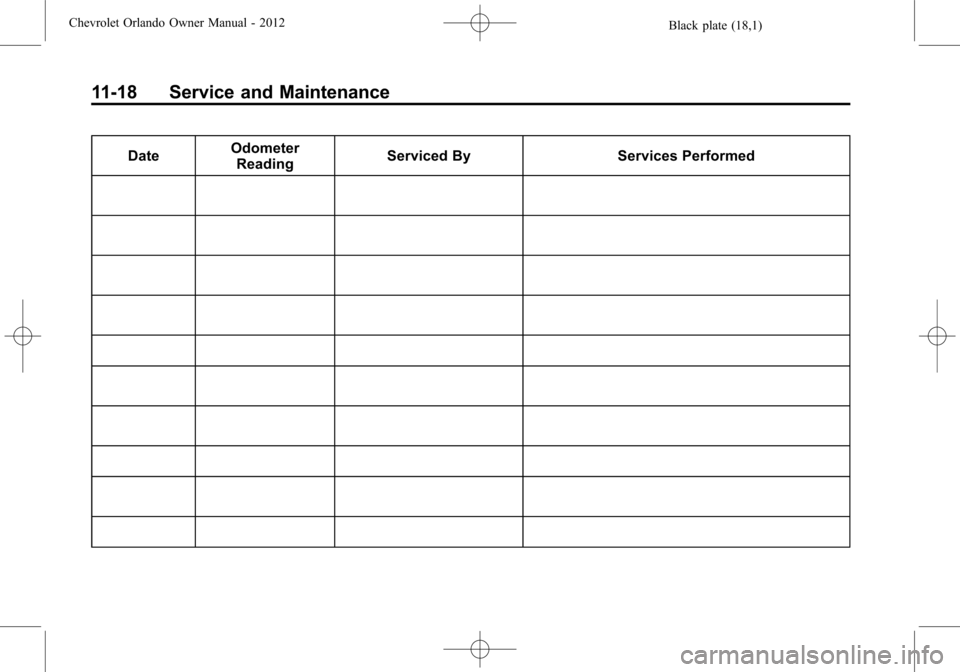 CHEVROLET ORLANDO 2012 1.G Service Manual Black plate (18,1)Chevrolet Orlando Owner Manual - 2012
11-18 Service and Maintenance
DateOdometer
Reading Serviced By Services Performed 