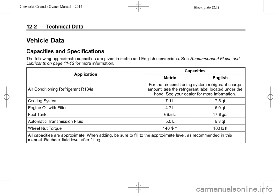 CHEVROLET ORLANDO 2012 1.G Owners Manual Black plate (2,1)Chevrolet Orlando Owner Manual - 2012
12-2 Technical Data
Vehicle Data
Capacities and Specifications
The following approximate capacities are given in metric and English conversions. 