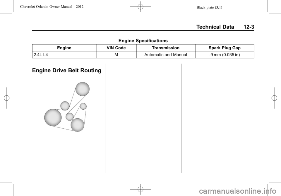 CHEVROLET ORLANDO 2012 1.G Owners Manual Black plate (3,1)Chevrolet Orlando Owner Manual - 2012
Technical Data 12-3
Engine Specifications
EngineVIN CodeTransmission Spark Plug Gap
2.4L L4 MAutomatic and Manual .9 mm (0.035 in)
Engine Drive B