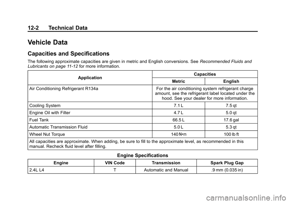 CHEVROLET ORLANDO 2013 1.G User Guide Black plate (2,1)Chevrolet Orlando Owner Manual - 2013 - CRC - 6/5/12
12-2 Technical Data
Vehicle Data
Capacities and Specifications
The following approximate capacities are given in metric and Englis