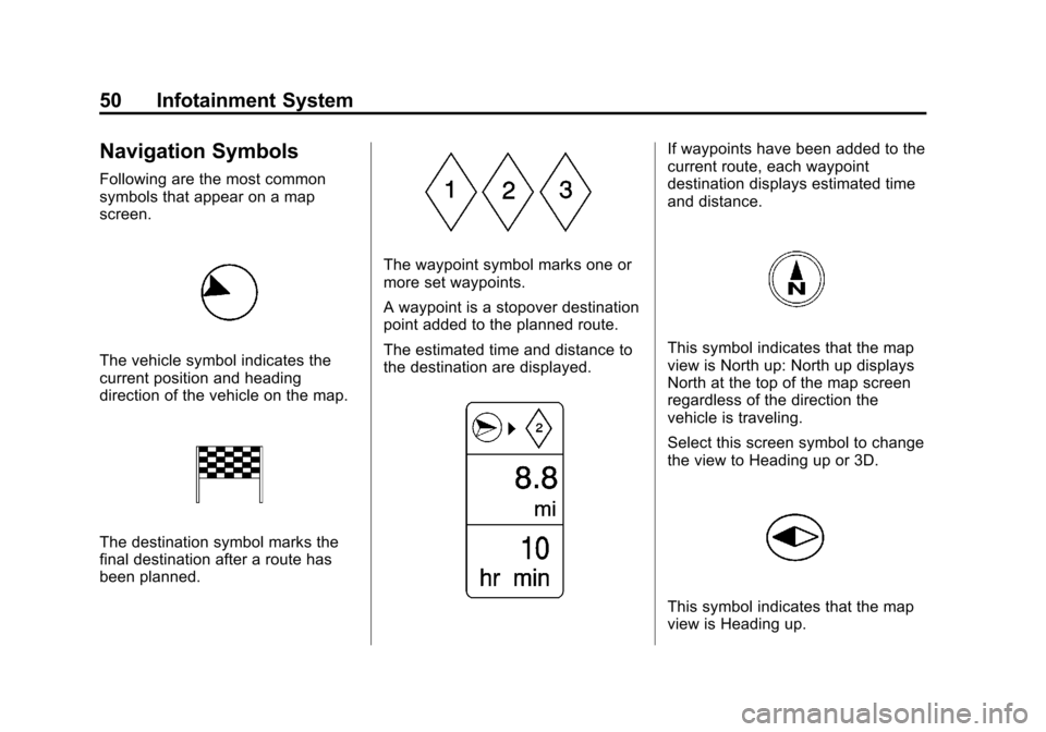 CHEVROLET ORLANDO 2014 1.G Infotainment Manual Black plate (50,1)Chevrolet Orlando Infotainment System (GMNA-Localizing-Canada-
6081467) - 2014 - CRC - 6/13/13
50 Infotainment System
Navigation Symbols
Following are the most common
symbols that ap