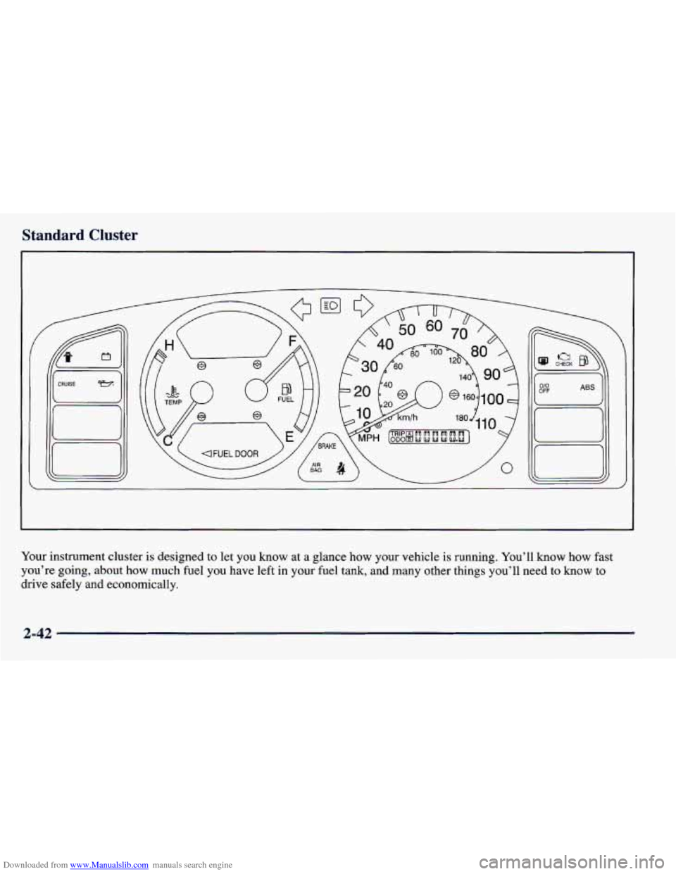 CHEVROLET PRIZM 1998 3.G Owners Manual Downloaded from www.Manualslib.com manuals search engine Standard Cluster
Your instrument cluster is designed to let you know at a glance how your vehicle is running. You’ll know how fast
y CHEVROLET PRIZM 1998 3.G Owners Manual Downloaded from www.Manualslib.com manuals search engine Standard Cluster
Your instrument cluster is designed to let you know at a glance how your vehicle is running. You’ll know how fast
y