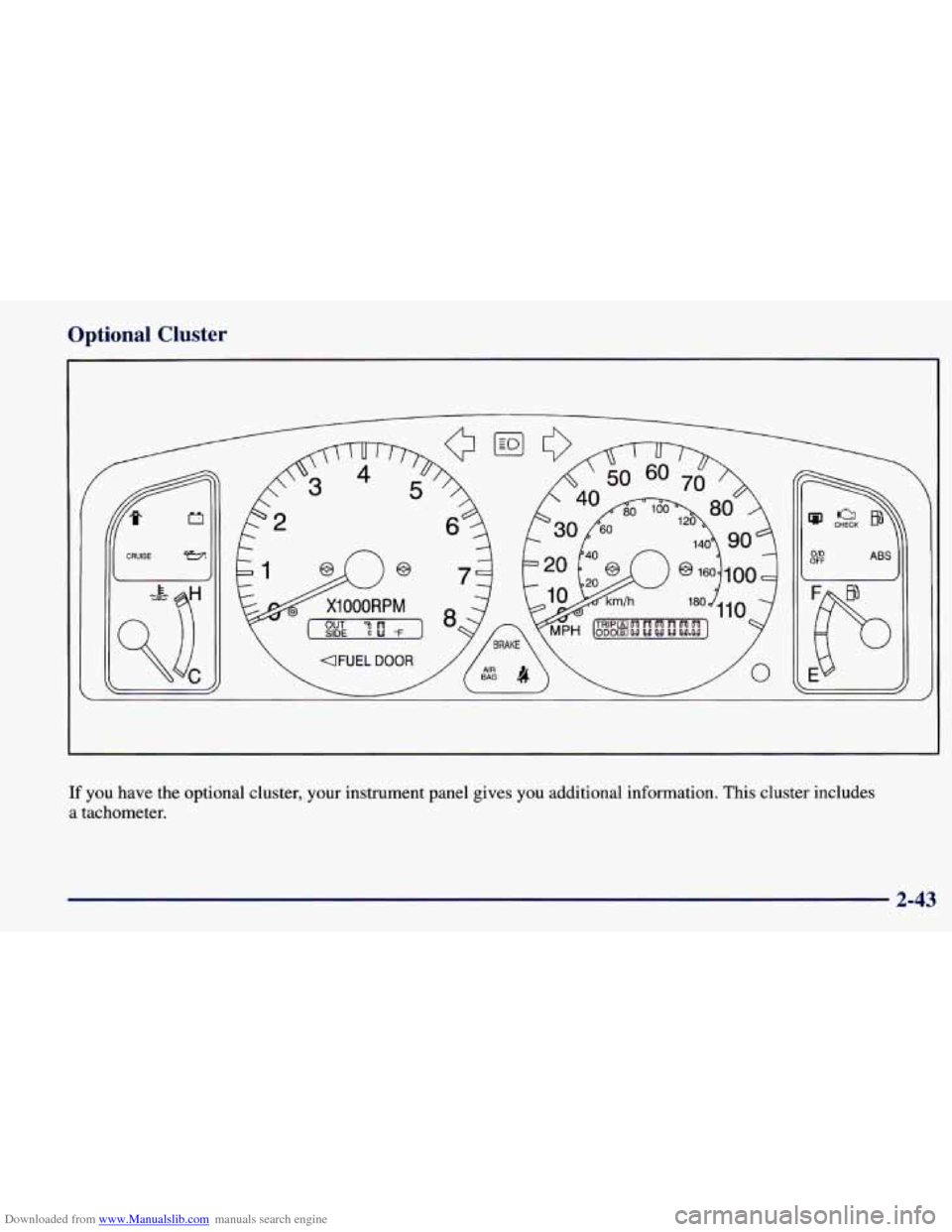 CHEVROLET PRIZM 1998 3.G Owners Manual Downloaded from www.Manualslib.com manuals search engine Optional Cluster
R.2
n
X1000RPM
OUT [ SIDE 7 ! "F
4FUEL DOOR
OFF OD ABS 1
E P
If you have the optional cluster, your instrument pane CHEVROLET PRIZM 1998 3.G Owners Manual Downloaded from www.Manualslib.com manuals search engine Optional Cluster
R.2
n
X1000RPM
OUT [ SIDE 7 ! "F
4FUEL DOOR
OFF OD ABS 1
E P
If you have the optional cluster, your instrument pane