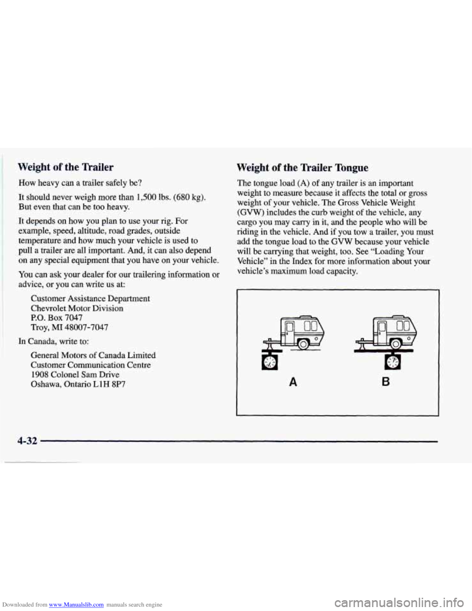 CHEVROLET PRIZM 1998 3.G Owners Manual Downloaded from www.Manualslib.com manuals search engine Weight of the  Trailer 
How  heavy can a  trailer  safely  be? 
It  should  never  weigh  more  than 
1,500 lbs. (680 kg). 
But  even  that  ca