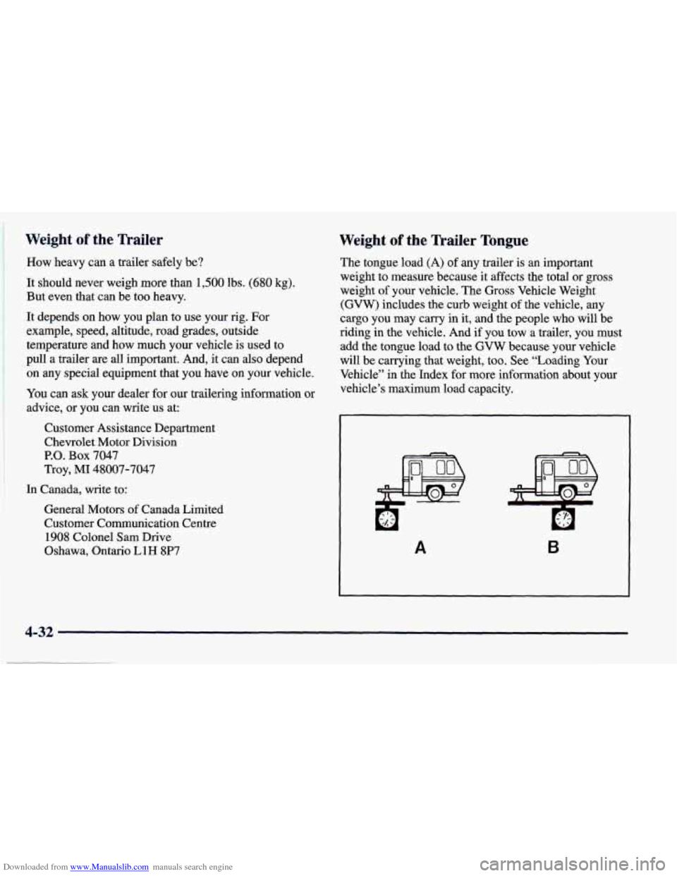 CHEVROLET PRIZM 1998 3.G Owners Manual Downloaded from www.Manualslib.com manuals search engine Weight of the Trailer
How heavy can a trailer safely be?
It should never weigh more than
1,500 lbs. (680 kg).
But even that ca CHEVROLET PRIZM 1998 3.G Owners Manual Downloaded from www.Manualslib.com manuals search engine Weight of the Trailer
How heavy can a trailer safely be?
It should never weigh more than
1,500 lbs. (680 kg).
But even that ca