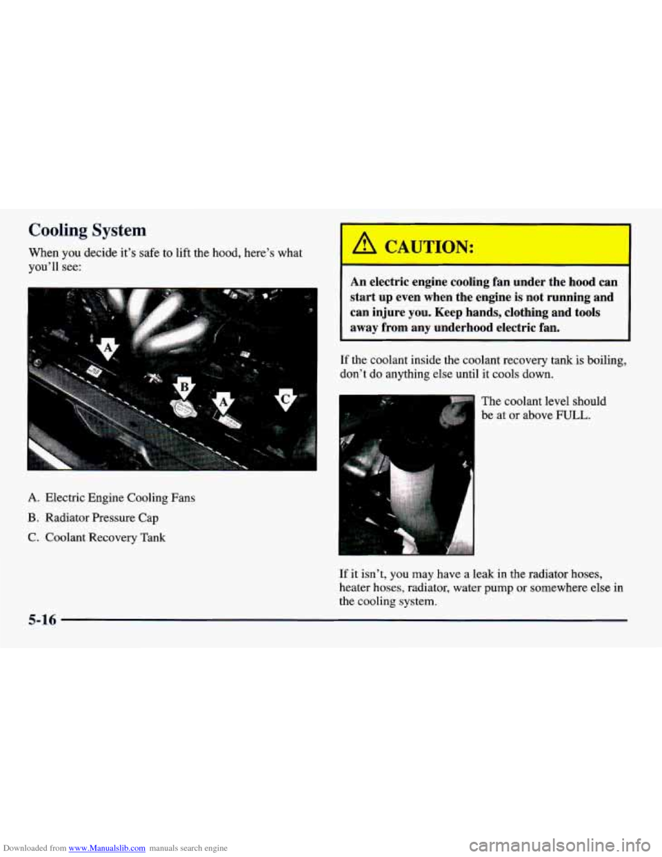 CHEVROLET PRIZM 1998 3.G Owners Manual Downloaded from www.Manualslib.com manuals search engine Car --ng System 
wnen you decide  it’s safe to  lift  the  hood,  here’s  what 
you’ll 
see: 
A. Electric  Engine  Cooling  Fans 
B. Radi