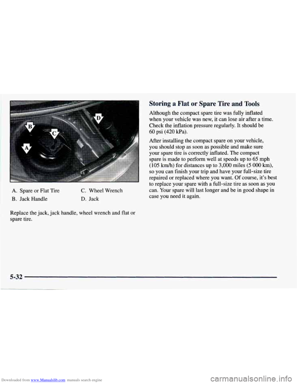 CHEVROLET PRIZM 1998 3.G Owners Manual Downloaded from www.Manualslib.com manuals search engine A. Spare or Flat Tire
B. Jack Handle
C. Wheel Wrench
D. Jack
Replace the jack, jack handle, wheel wrench and flat or
spare ti CHEVROLET PRIZM 1998 3.G Owners Manual Downloaded from www.Manualslib.com manuals search engine A. Spare or Flat Tire
B. Jack Handle
C. Wheel Wrench
D. Jack
Replace the jack, jack handle, wheel wrench and flat or
spare ti