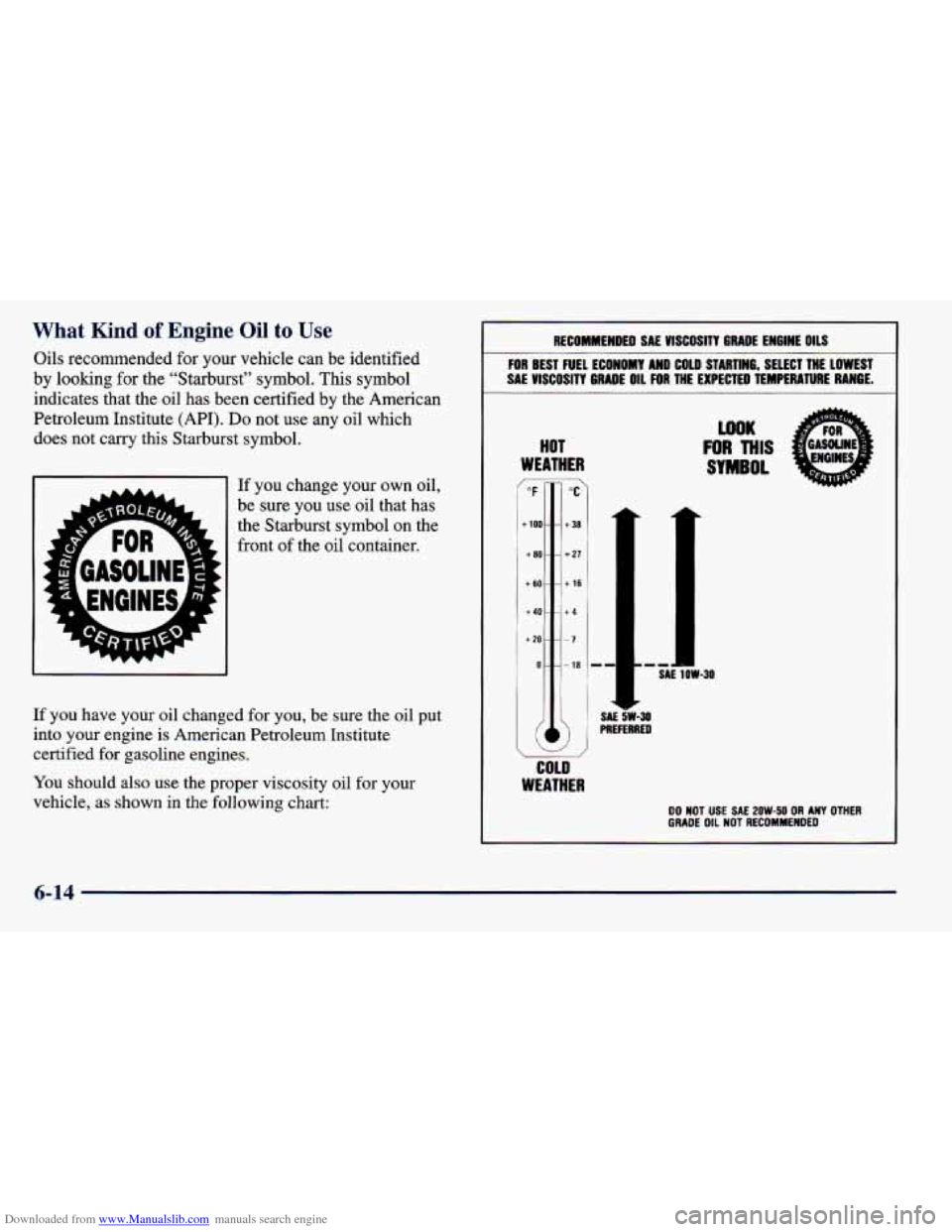 CHEVROLET PRIZM 1998 3.G Owners Manual Downloaded from www.Manualslib.com manuals search engine What Kind of Engine  Oil to Use 
Oils  recommended  for  your vehicle can be identified 
by  looking 
for the  “Starburst” symbol.  This sy