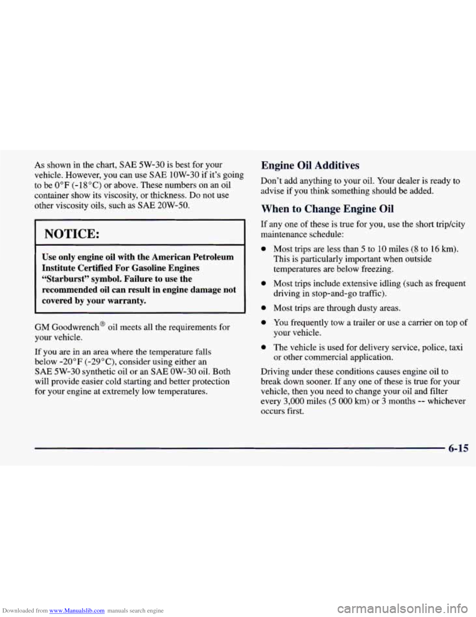 CHEVROLET PRIZM 1998 3.G Owners Manual Downloaded from www.Manualslib.com manuals search engine As shown in the chart, SAE 5W-30 is best for your
vehicle. However, you can use
SAE 1OW-30 if its going
to be
0" F (- 18 " C) or CHEVROLET PRIZM 1998 3.G Owners Manual Downloaded from www.Manualslib.com manuals search engine As shown in the chart, SAE 5W-30 is best for your
vehicle. However, you can use
SAE 1OW-30 if its going
to be
0" F (- 18 " C) or