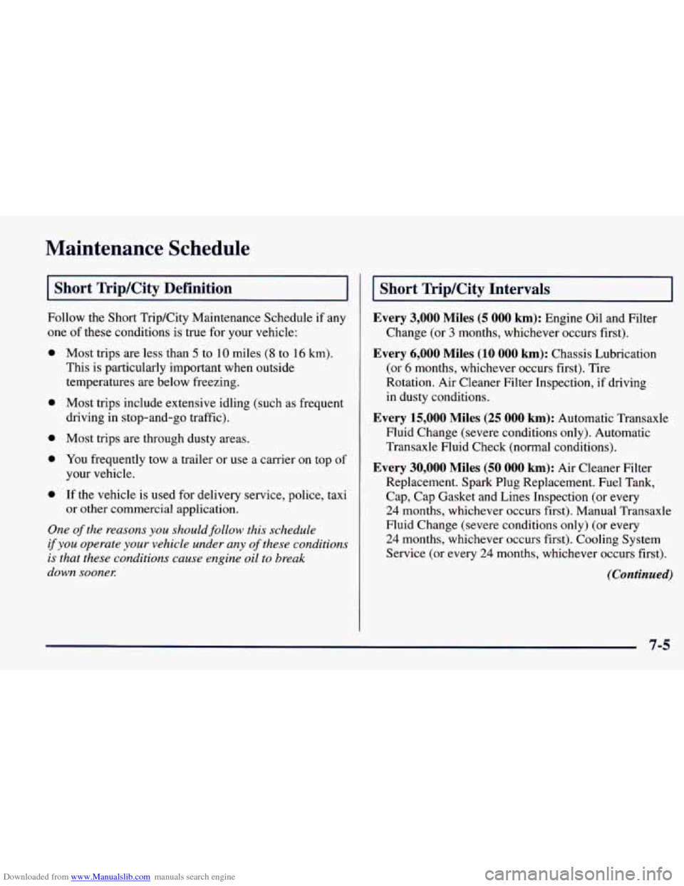 CHEVROLET PRIZM 1998 3.G Owners Manual Downloaded from www.Manualslib.com manuals search engine Maintenance Schedule
I Short Trip/City Definition I
Follow the Short TripKity Maintenance Schedule if any
one of these conditions is CHEVROLET PRIZM 1998 3.G Owners Manual Downloaded from www.Manualslib.com manuals search engine Maintenance Schedule
I Short Trip/City Definition I
Follow the Short TripKity Maintenance Schedule if any
one of these conditions is