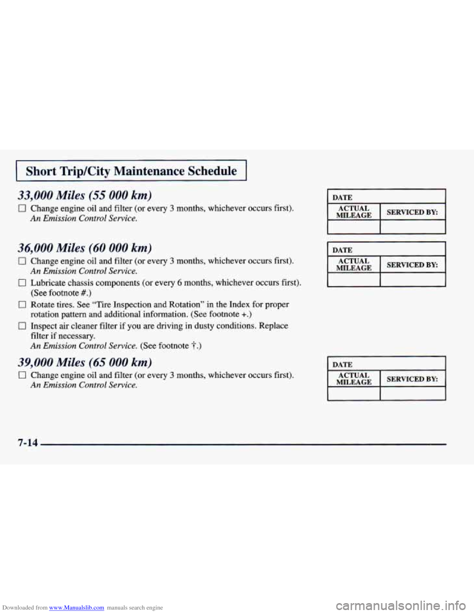 CHEVROLET PRIZM 1998 3.G Owners Manual Downloaded from www.Manualslib.com manuals search engine I Short Trip/City Maintenance Schedule I
33,000 Miles (55 000 km)
0 Change engine oil and filter (or every 3 months, whichever occur CHEVROLET PRIZM 1998 3.G Owners Manual Downloaded from www.Manualslib.com manuals search engine I Short Trip/City Maintenance Schedule I
33,000 Miles (55 000 km)
0 Change engine oil and filter (or every 3 months, whichever occur