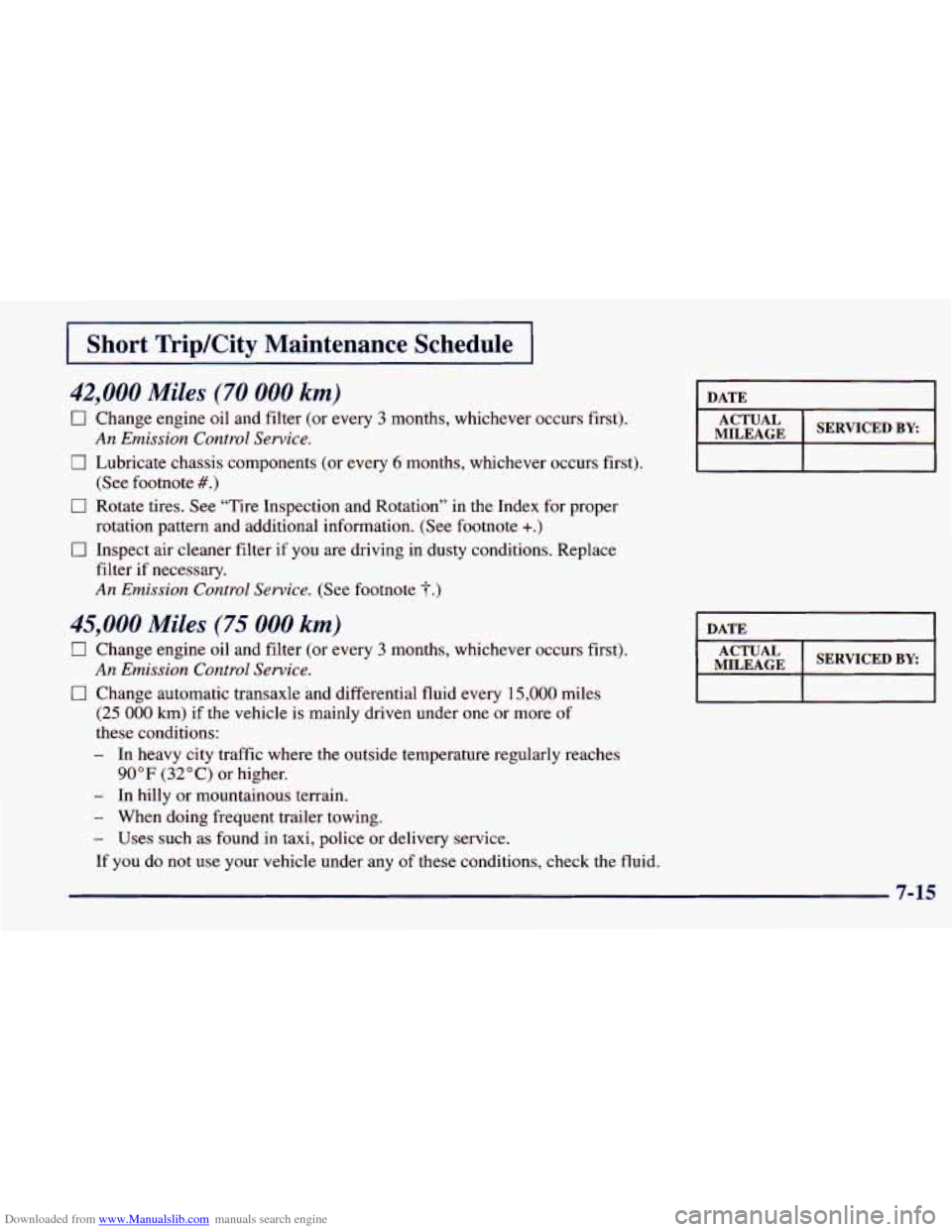 CHEVROLET PRIZM 1998 3.G Owners Manual Downloaded from www.Manualslib.com manuals search engine I Short TripKity Maintenance Schedule I
42,000 Miles (70 000 km)
0 Change engine oil and filter (or every 3 months, whichever occurs CHEVROLET PRIZM 1998 3.G Owners Manual Downloaded from www.Manualslib.com manuals search engine I Short TripKity Maintenance Schedule I
42,000 Miles (70 000 km)
0 Change engine oil and filter (or every 3 months, whichever occurs