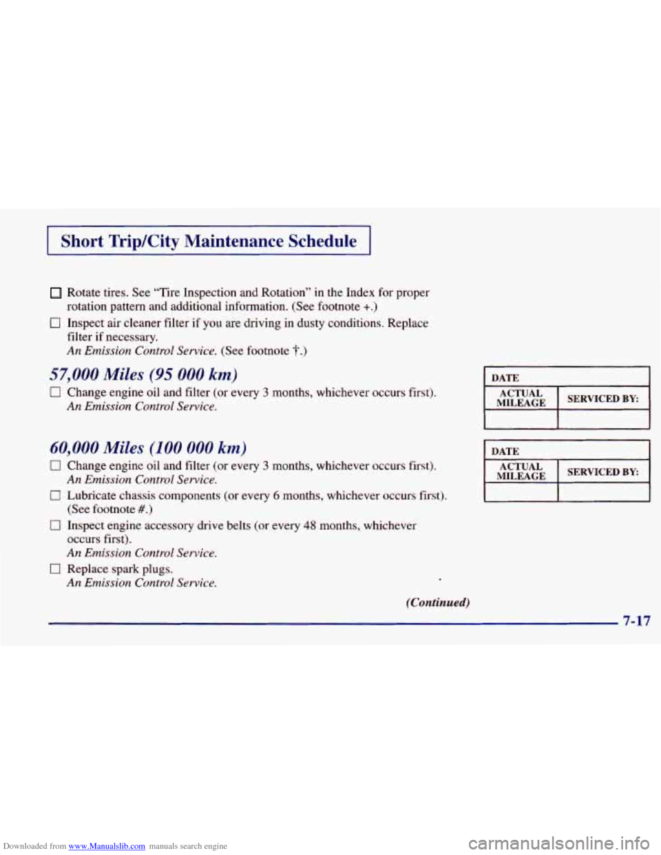 CHEVROLET PRIZM 1998 3.G Owners Manual Downloaded from www.Manualslib.com manuals search engine I Short Trip/City Maintenance Schedule I
Rotate tires. See “Tire Inspection and Rotation” in the Index for proper
0 Inspect ai CHEVROLET PRIZM 1998 3.G Owners Manual Downloaded from www.Manualslib.com manuals search engine I Short Trip/City Maintenance Schedule I
Rotate tires. See “Tire Inspection and Rotation” in the Index for proper
0 Inspect ai