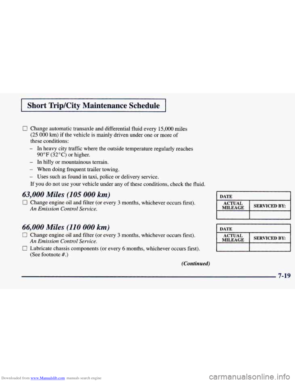 CHEVROLET PRIZM 1998 3.G Owners Manual Downloaded from www.Manualslib.com manuals search engine I Short  TripKity  Maintenance  Schedule I 
0 Change  automatic  transaxle  and  differential  fluid  every 15,000 miles 
(25 000 km) if the  v