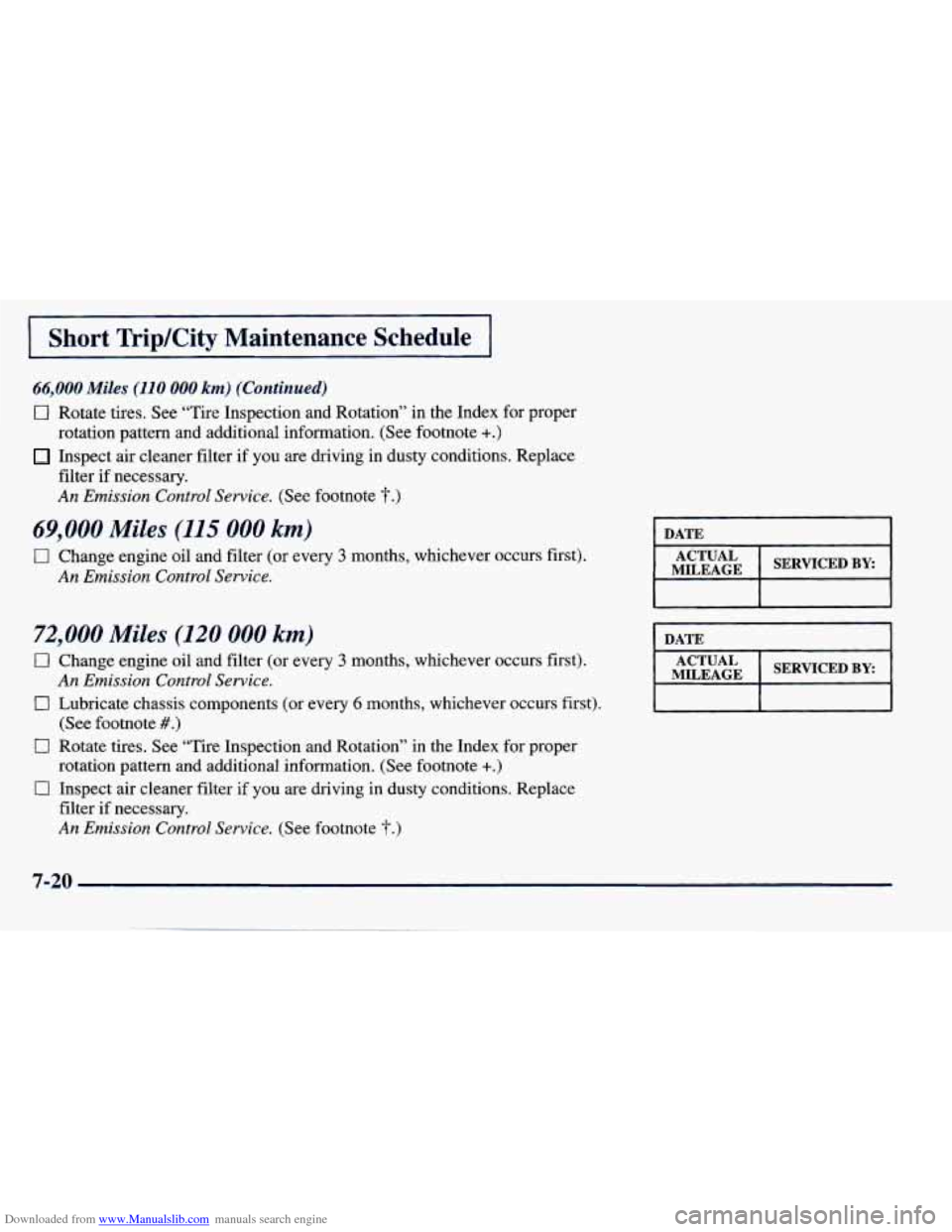 CHEVROLET PRIZM 1998 3.G Owners Manual Downloaded from www.Manualslib.com manuals search engine Short TripKity Maintenance Schedule
66,000 Miles (110 000 km) (Continued)
0 Rotate tires. See “Tire Inspection and Rotation” in th CHEVROLET PRIZM 1998 3.G Owners Manual Downloaded from www.Manualslib.com manuals search engine Short TripKity Maintenance Schedule
66,000 Miles (110 000 km) (Continued)
0 Rotate tires. See “Tire Inspection and Rotation” in th