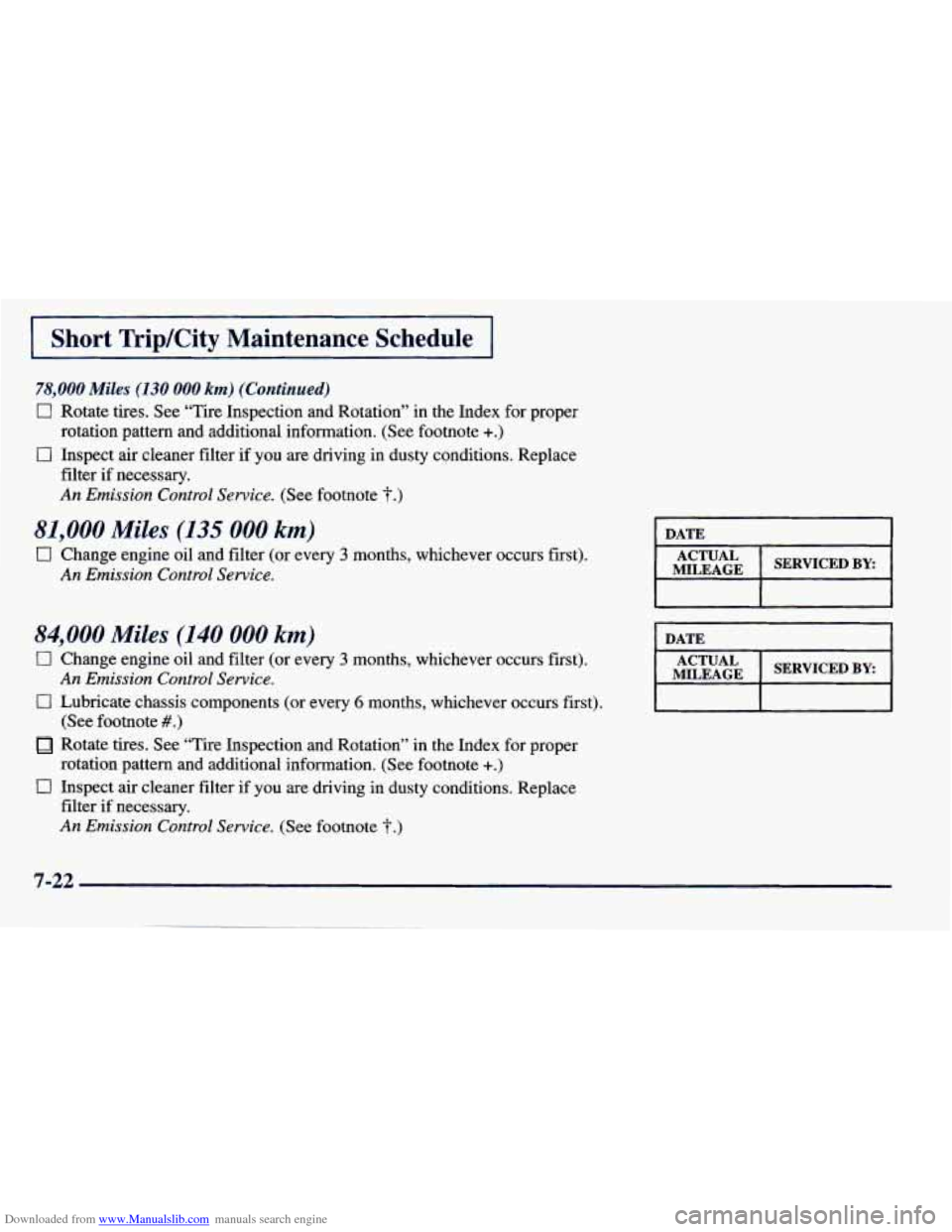 CHEVROLET PRIZM 1998 3.G Owners Guide Downloaded from www.Manualslib.com manuals search engine IShortTripKity Maintenance  Schedule 
78,000 Miles (130 000 km) (Continued) 
0 Rotate  tires.  See  “Tire  Inspection and Rotation”  in  th