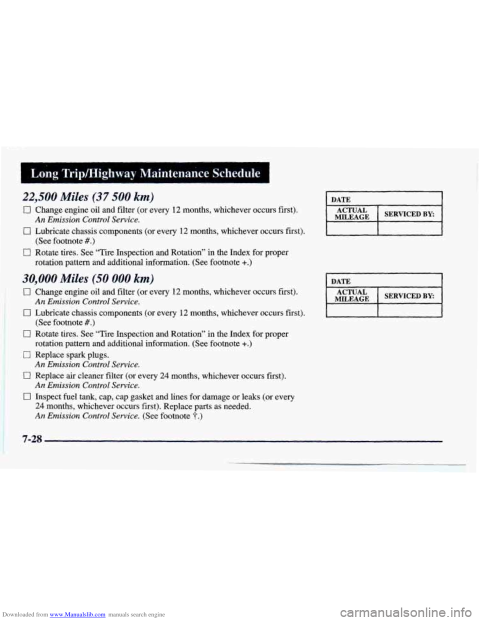 CHEVROLET PRIZM 1998 3.G Owners Manual Downloaded from www.Manualslib.com manuals search engine I Long TripMighway Maintenance Schedule 
22,500 Miles (37 500 km) 
0 Change  engine  oil  and  filter  (or  every 12 months,  whichever  occurs
