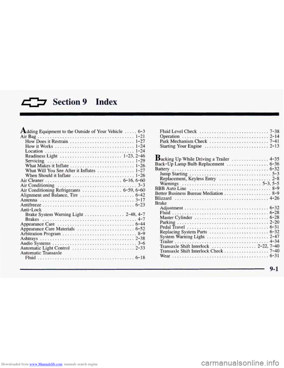 CHEVROLET PRIZM 1998 3.G Owners Manual Downloaded from www.Manualslib.com manuals search engine 0 Section 9 Index
Adding Equipment to the Outside of Your Vehicle ..... 6-3
AirBag
....................................... 1-21
How Does i CHEVROLET PRIZM 1998 3.G Owners Manual Downloaded from www.Manualslib.com manuals search engine 0 Section 9 Index
Adding Equipment to the Outside of Your Vehicle ..... 6-3
AirBag
....................................... 1-21
How Does i
