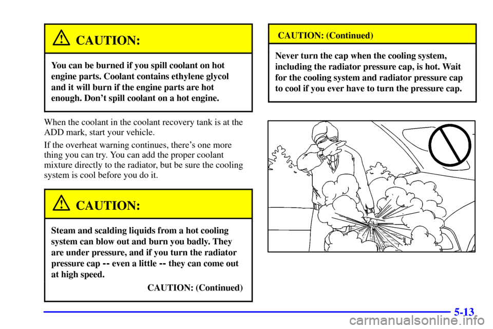 CHEVROLET S10 2002 2.G Owners Manual 5-13
CAUTION:
You can be burned if you spill coolant on hot
engine parts. Coolant contains ethylene glycol
and it will burn if the engine parts are hot
enough. Dont spill coolant on a hot engine.
Whe