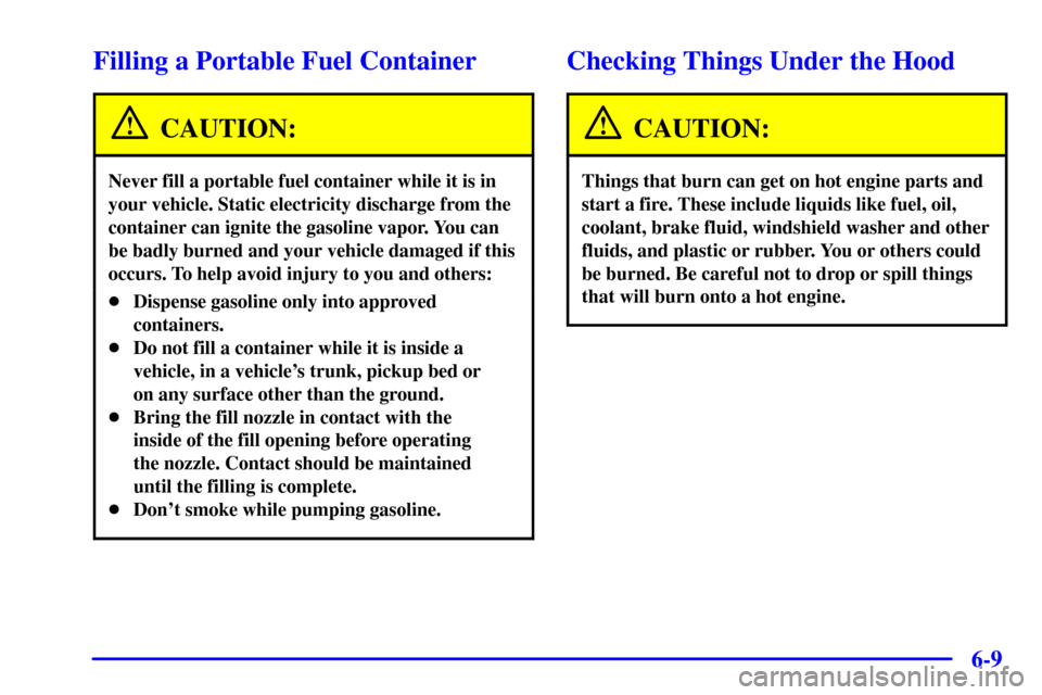 CHEVROLET S10 2002 2.G User Guide 6-9
Filling a Portable Fuel Container
CAUTION:
Never fill a portable fuel container while it is in
your vehicle. Static electricity discharge from the
container can ignite the gasoline vapor. You can
