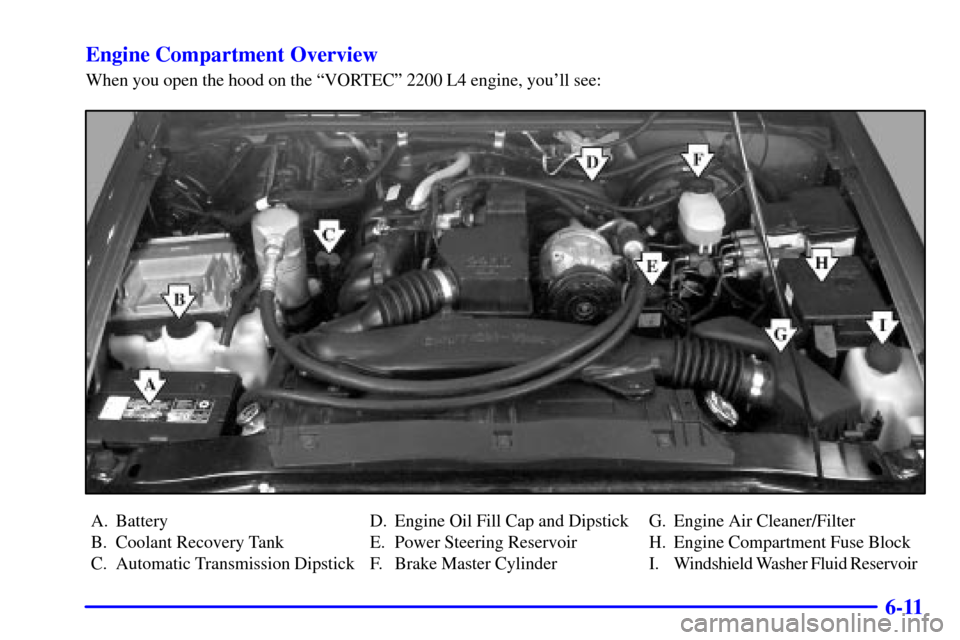 CHEVROLET S10 2002 2.G Owners Manual 6-11 Engine Compartment Overview
When you open the hood on the ªVORTECº 2200 L4 engine, youll see:
A. Battery
B. Coolant Recovery Tank
C. Automatic Transmission Dipstick D. Engine Oil Fill Cap and 