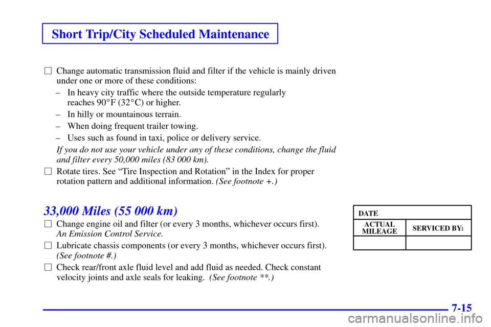 CHEVROLET S10 2002 2.G Owners Guide Short Trip/City Scheduled Maintenance
7-15
Change automatic transmission fluid and filter if the vehicle is mainly driven
under one or more of these conditions:
± In heavy city traffic where the out