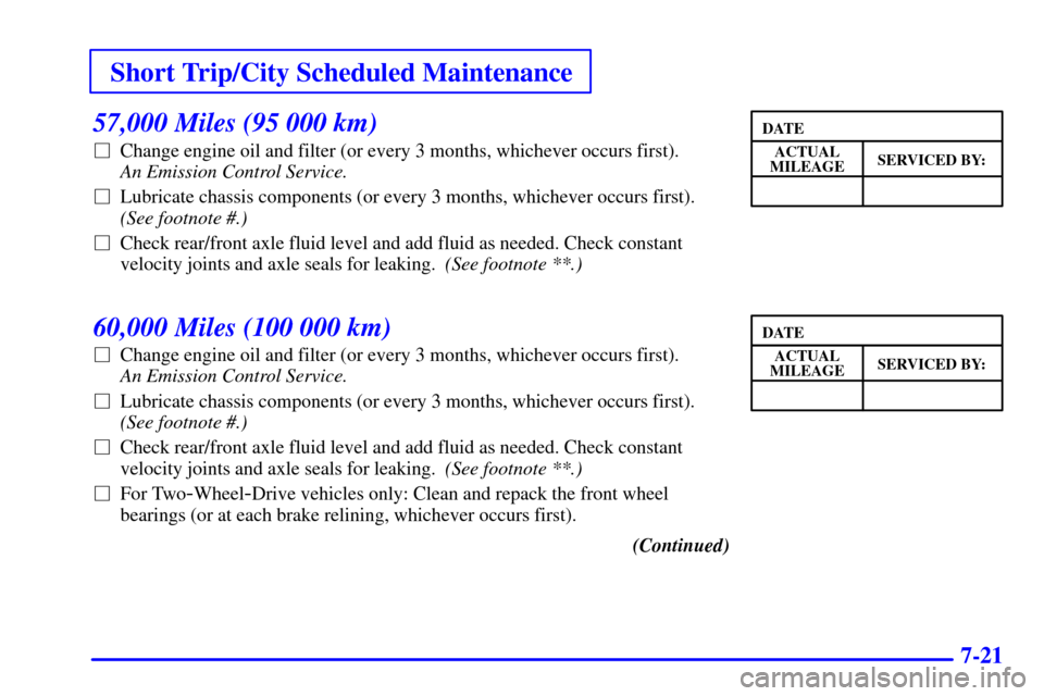 CHEVROLET S10 2002 2.G Service Manual Short Trip/City Scheduled Maintenance
7-21
57,000 Miles (95 000 km)
Change engine oil and filter (or every 3 months, whichever occurs first).
An Emission Control Service. 
Lubricate chassis componen