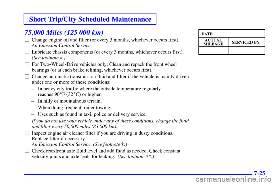 CHEVROLET S10 2002 2.G Service Manual Short Trip/City Scheduled Maintenance
7-25
75,000 Miles (125 000 km)
Change engine oil and filter (or every 3 months, whichever occurs first). 
An Emission Control Service. 
Lubricate chassis compon