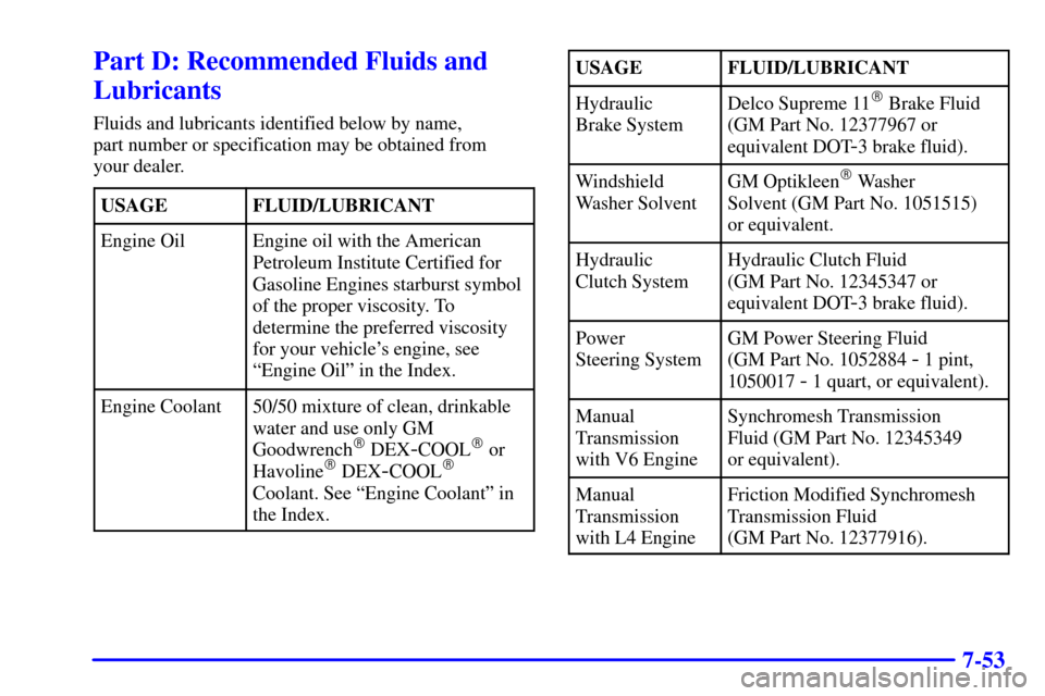 CHEVROLET S10 2002 2.G Repair Manual 7-53
Part D: Recommended Fluids and
Lubricants
Fluids and lubricants identified below by name, 
part number or specification may be obtained from 
your dealer.
USAGE
FLUID/LUBRICANT
Engine OilEngine o