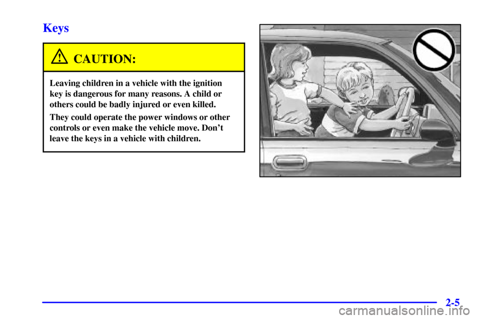 CHEVROLET S10 2002 2.G Owners Manual 2-5
Keys
CAUTION:
Leaving children in a vehicle with the ignition
key is dangerous for many reasons. A child or
others could be badly injured or even killed.
They could operate the power windows or ot
