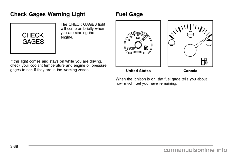 CHEVROLET S10 2003 2.G Owners Manual Check Gages Warning Light
The CHECK GAGES light
will come on brie¯y when
you are starting the
engine.
If this light comes and stays on while you are driving,
check your coolant temperature and engine