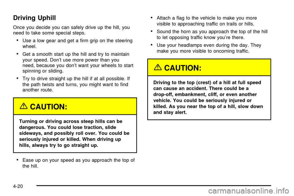 CHEVROLET S10 2003 2.G User Guide Driving Uphill
Once you decide you can safely drive up the hill, you
need to take some special steps.
·Use a low gear and get a ®rm grip on the steering
wheel.
·Get a smooth start up the hill and t CHEVROLET S10 2003 2.G User Guide Driving Uphill
Once you decide you can safely drive up the hill, you
need to take some special steps.
·Use a low gear and get a ®rm grip on the steering
wheel.
·Get a smooth start up the hill and t