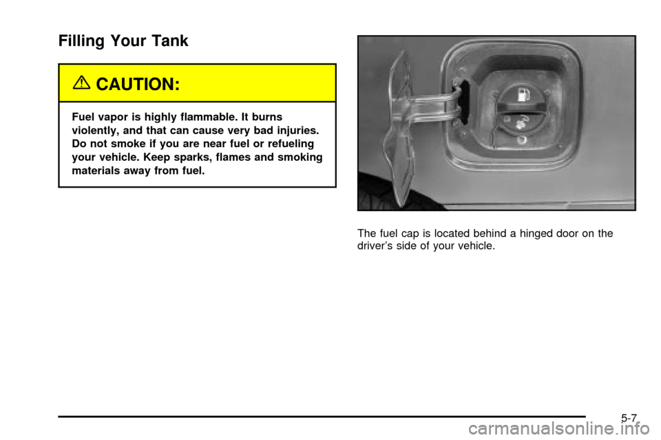 CHEVROLET S10 2003 2.G Owners Manual Filling Your Tank
{CAUTION:
Fuel vapor is highly ¯ammable. It burns
violently, and that can cause very bad injuries.
Do not smoke if you are near fuel or refueling
your vehicle. Keep sparks, ¯ames a