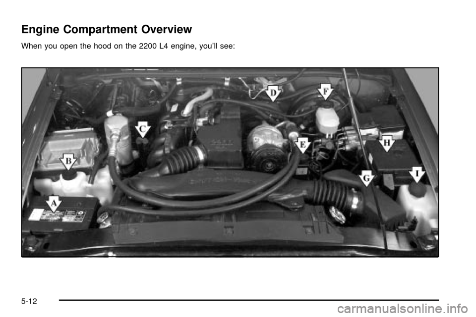 CHEVROLET S10 2003 2.G Owners Manual Engine Compartment Overview
When you open the hood on the 2200 L4 engine, youll see:
5-12 