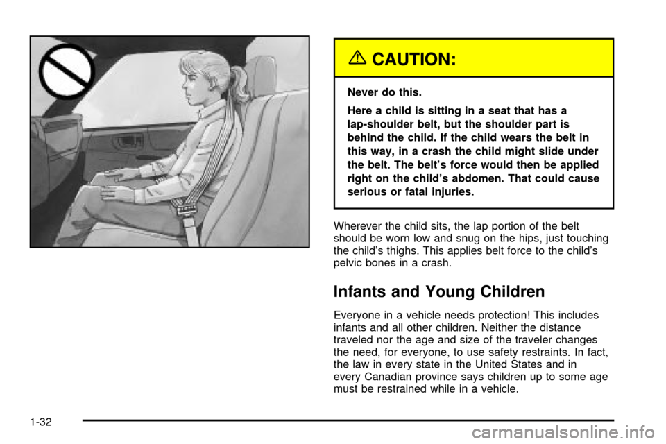 CHEVROLET S10 2003 2.G Owners Manual {CAUTION:
Never do this.
Here a child is sitting in a seat that has a
lap-shoulder belt, but the shoulder part is
behind the child. If the child wears the belt in
this way, in a crash the child might 