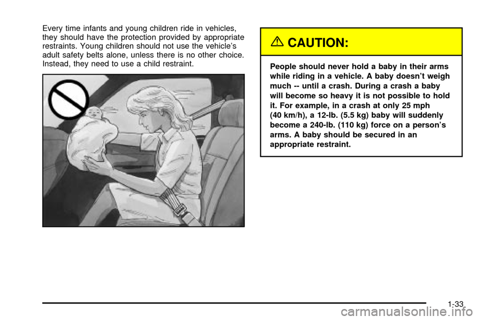CHEVROLET S10 2003 2.G Owners Manual Every time infants and young children ride in vehicles,
they should have the protection provided by appropriate
restraints. Young children should not use the vehicles
adult safety belts alone, unless CHEVROLET S10 2003 2.G Owners Manual Every time infants and young children ride in vehicles,
they should have the protection provided by appropriate
restraints. Young children should not use the vehicles
adult safety belts alone, unless